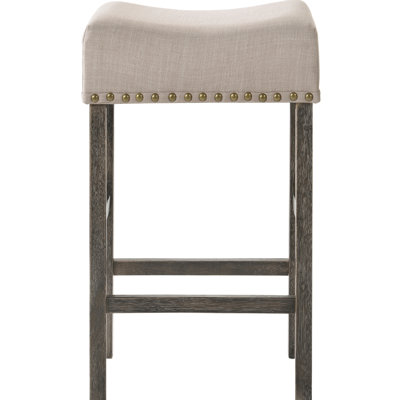 Tabouret de comptoir rembourré en lin brun clair de 2 pieds élégants en bois gris patiné pour la salle à manger en bois sans dossier