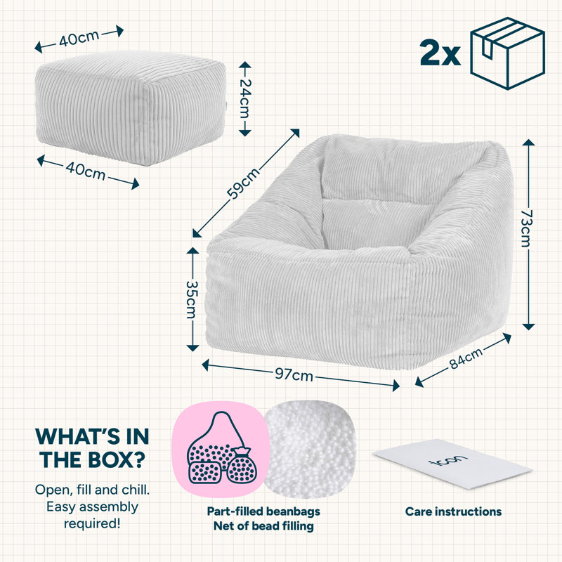 Natalia Corduroy Armchair Bean Bag and Square Footstool, Charcoal Grey
