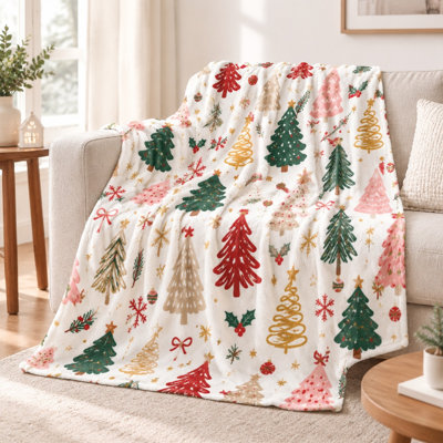 Couverture en flanelle à motif d'arbre de Noël de 1 pièce - motif des Fêtes festives; un côté confortable et chaud pour un canapé, un lit, un sac de voyage, un cadeau parfait pour les fêtes. Literie et articles de canapé