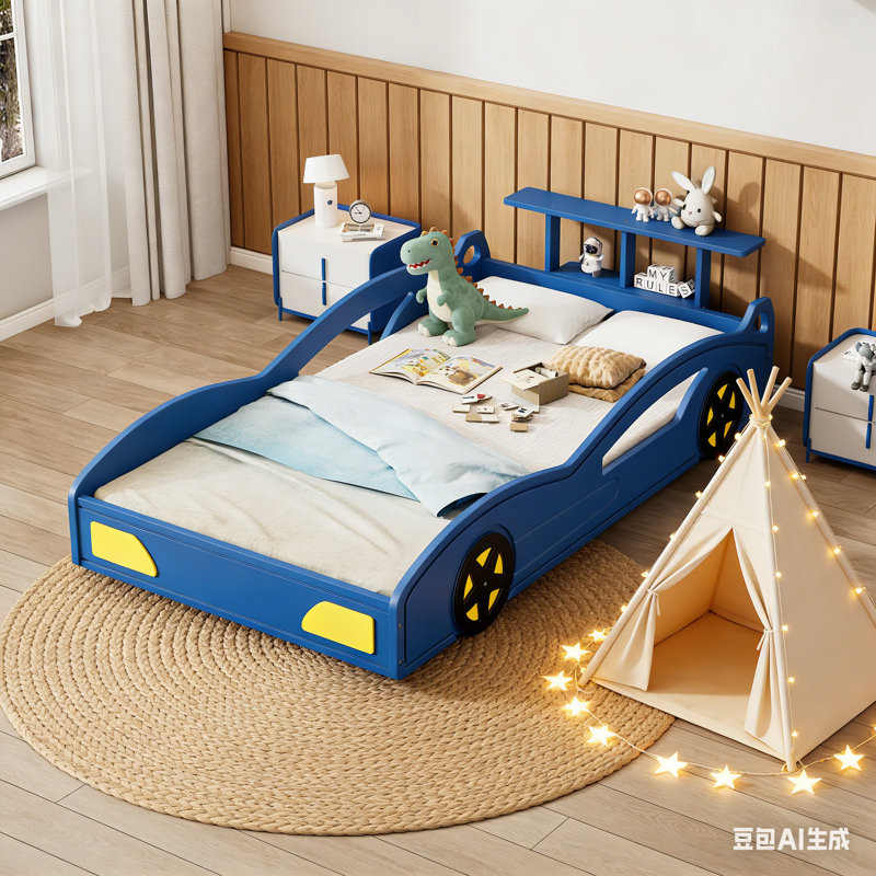 Twin Size Race Car Bed, Wooden Twin Bed For Kids, Car-shaped Platform Twin Bed With Storage Shelves And Wheels For Kids,teens, Boys Girls, No Box Spring Needed, Easy Assembly ( Blue & Yellow )