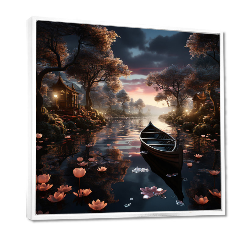 «Dinghy Floating On Misty Magic Lotus Pond - Lake», reproduction d'art murale, Cadre flottant blanc, bois massif