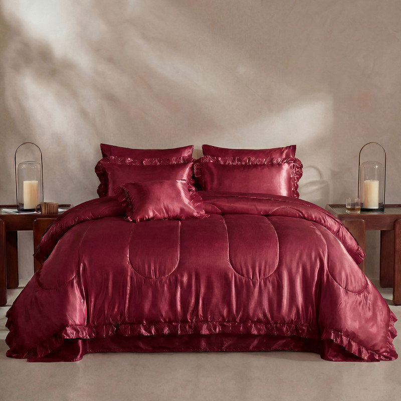 Ensemble d'édredon en satin pour grand lit 8 pièces Ensemble de literie en satin de soie soyeux à motif de volants avec 1 housse de coussin