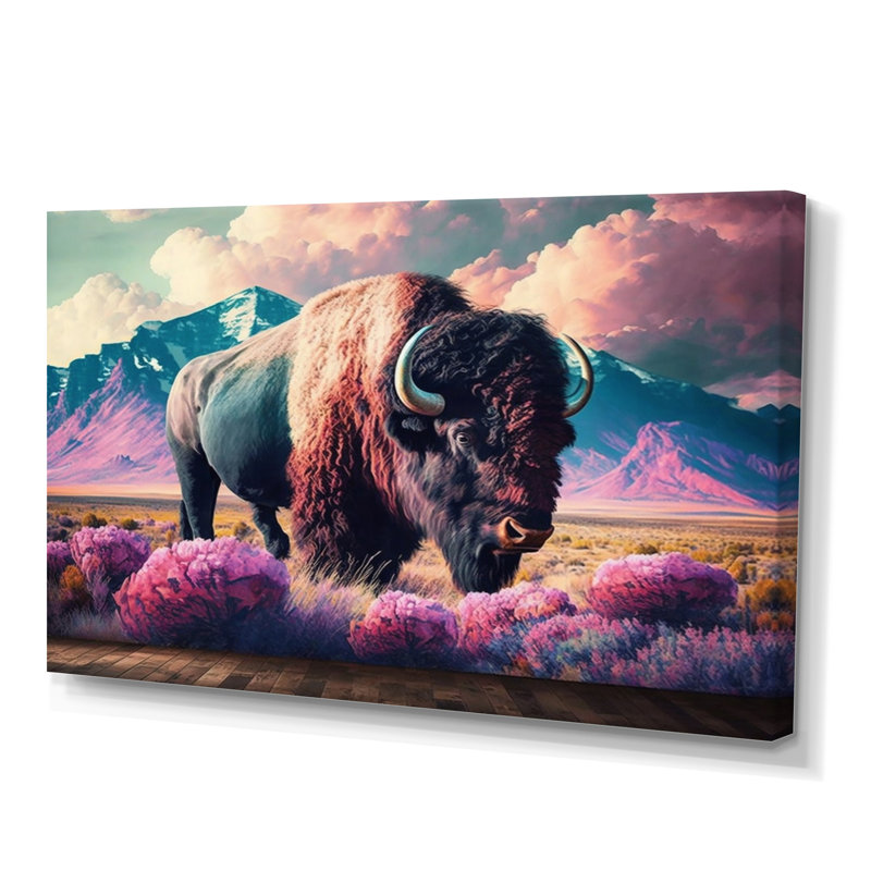 Buffalo avec paysage - impressions sur toile Buffalo / Bison, H 16 po x l 32 po x P 1 po, Toile tendue