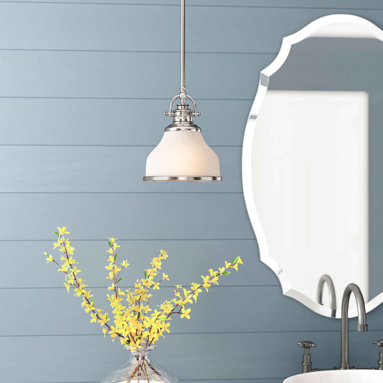 Maybery 1 - Light Single Dome Pendant, 9.5" H x 8" W x 8" D, Opal Etched Glass, Brushed Nickel