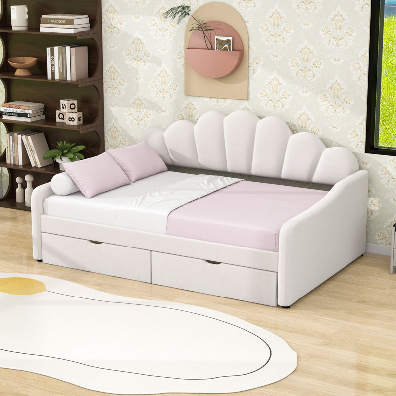 Upholstery Daybed Frame with 2 Drawers, Beige