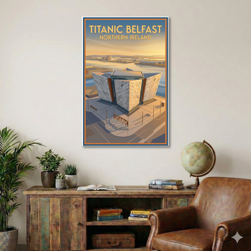 Titanic Belfast, Northern Ireland - Romantic Harbour Poster Of Iconic Shipbuilding Landmark. Giclee Print On Wrapped Canvas. Wall Art, Home Decor - Iconic Buildings & Architecture, Northern Ireland - Wrapped Canvas Print
