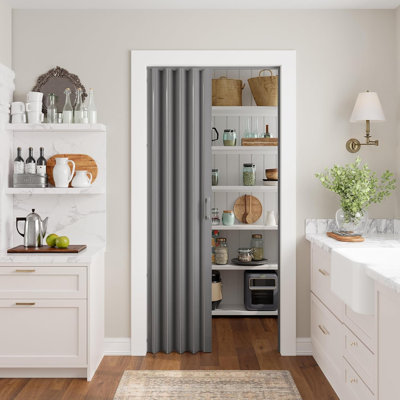 Porte intérieure pliante accordéon en PVC gris avec trousse de quincaillerie