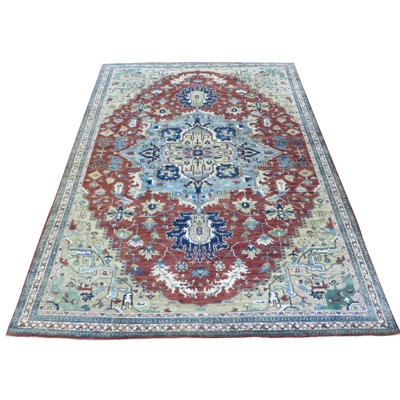 Tapis en laine rouge 9 pi 10 po x 13 pi 8 po "one-of-kind" à main noué la rouille