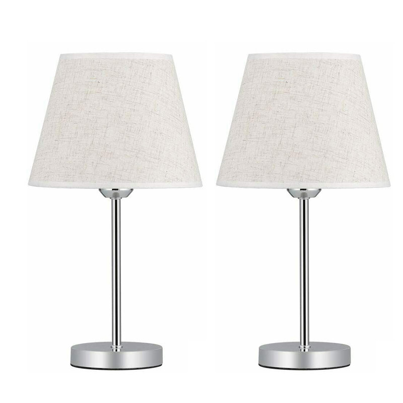 Petite lampe de table avec base en métal argenté et abat-jour en lin, salon de chambre à coucher, ensemble de 2