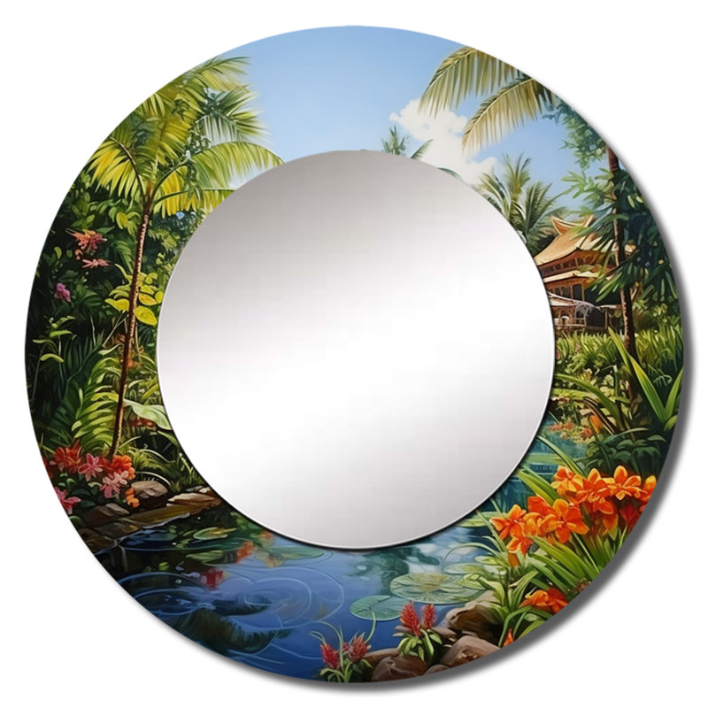 Sasa Bali Bliss Landscape II - miroir décoratif d'art asiatique, miroir mural rond global, impression d'art en métal