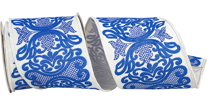 4'' Fabric Ribbon, White/Blue