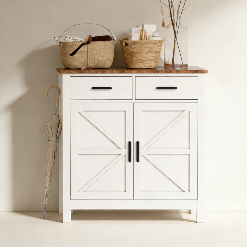 Armoire de cuisine, armoire de ferme moderne avec rangement, bar avec 2 tiroirs et 2 portes, buffet de plancher, Blanc