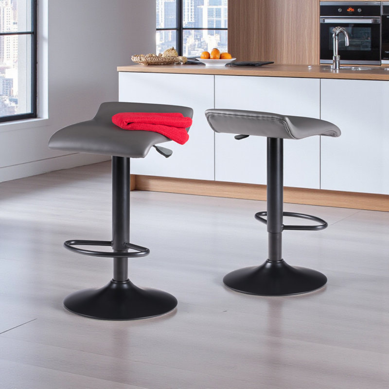 Melaine Adjustable Height Swivel Stool in Gray Faux Leather, 34.22'' H X 15.12'' W X 15'' D