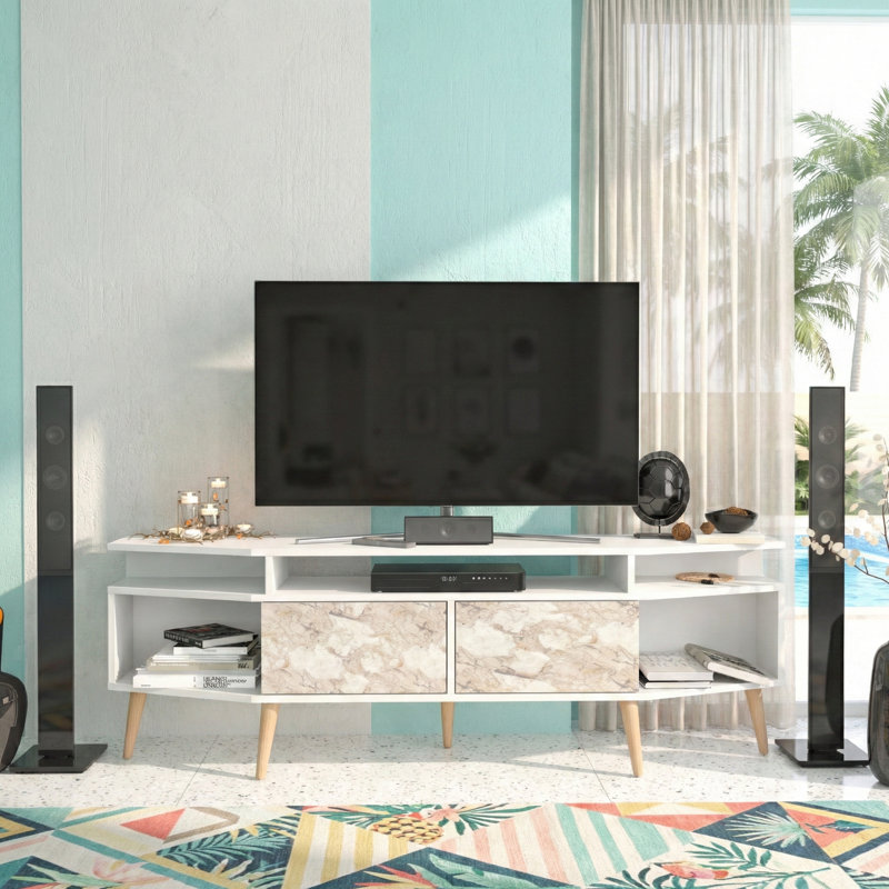 71" Media Console For Tvs Up To 80", Marbre Éphèse / blanc