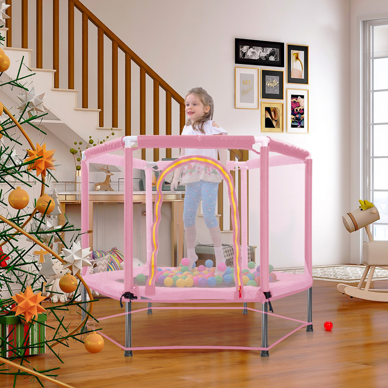 Trampoline hexagonale pour enfants avec enceinte sécuritaire, Pink