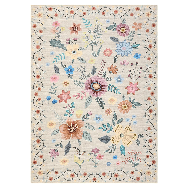 Area Rug 6x9 Washable Rugs Floral Rugs Non Slip Backing Floor Carpet for Living Room Bedroom Nursery Kitchen Beige, Beige