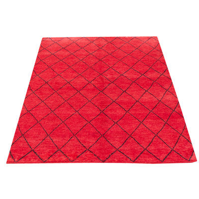 Tapis rouge / noir en laine noué à la main à motif géométrique 5 pi x 8 pi Aracelio
