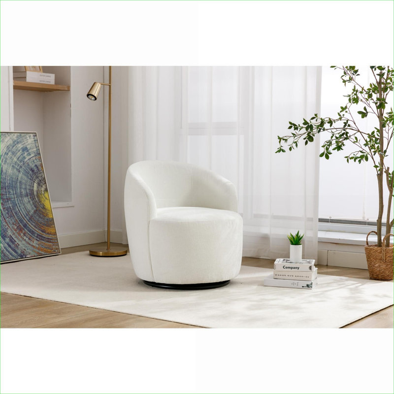 Fauteuil 1 place 25,6 pouces pivotant sur 360 ° avec accoudoirs tonneau en chenille et lin beige, Blanc beige