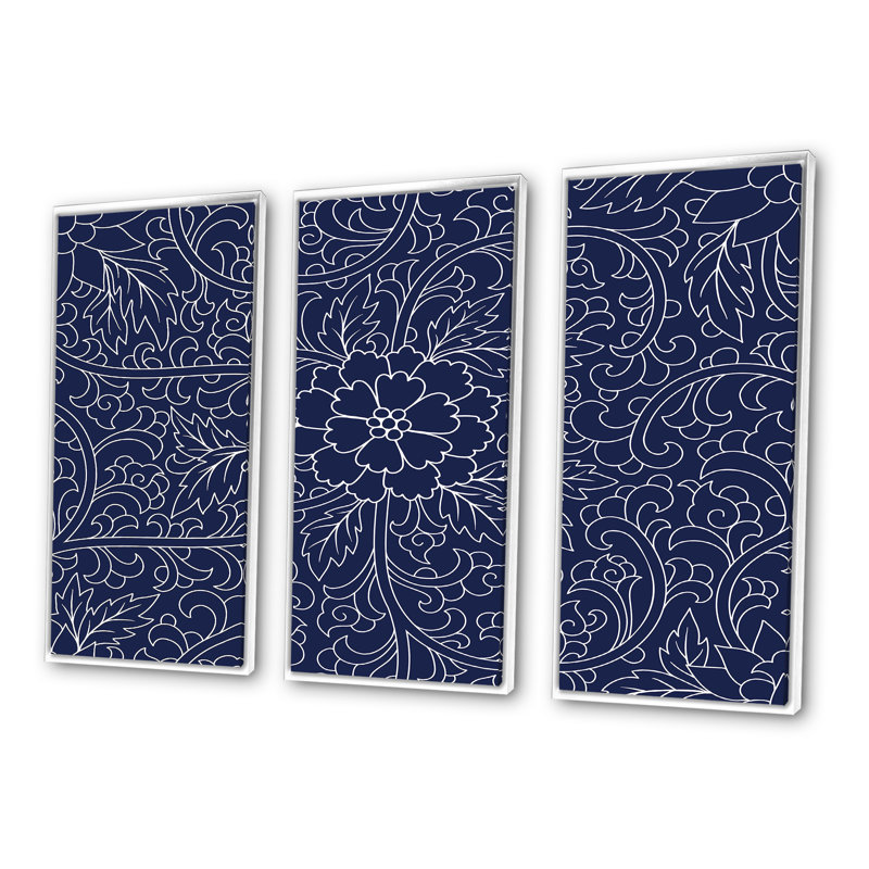 Motif chinois bleu foncé - ensemble d'art moderne sur toile encadrée moderne de 3, H 20 po x l 36 po x P 1 po, Blanc