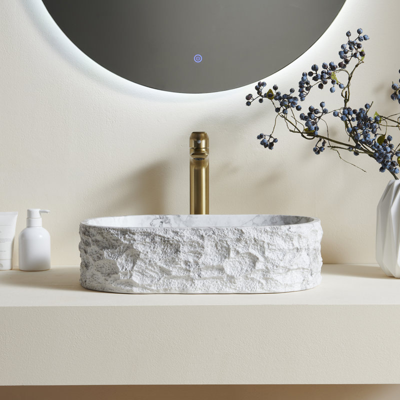 Lavabo de salle de bain ALIA 20, vasque ovale irrégulière en résine à motif pierre, style artistique, sans robinetterie, couleur ivoire