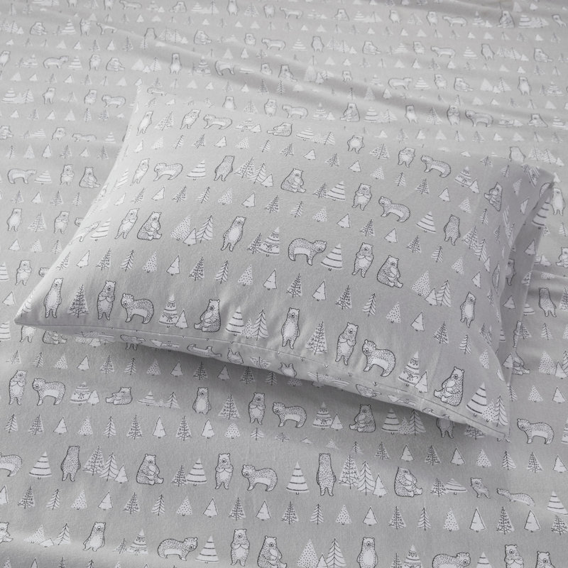 California King Gray Skiers Cotton Flannel Sheet Set