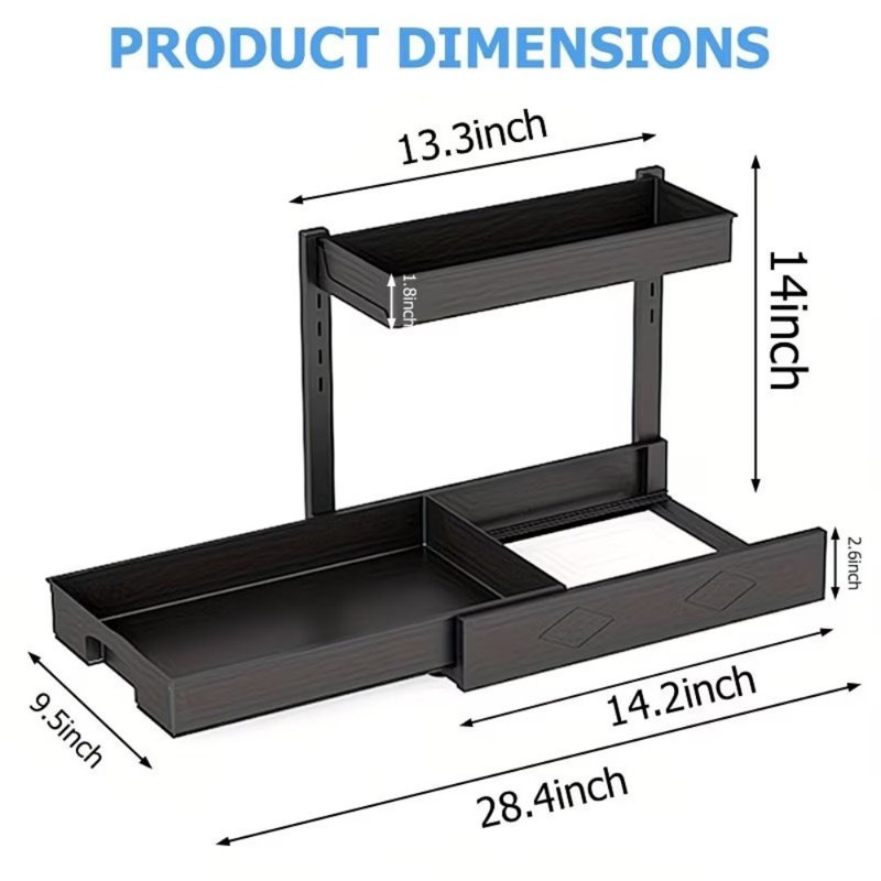 2 Pack L-Shape Kitchen Under Sink Organisers, Black Double Tier Sliding Kitchen Cabinet Shelving, Narrow Space Kitchen Storage Unit for Kitchen Utensils, Condiments & Pantry Supplies