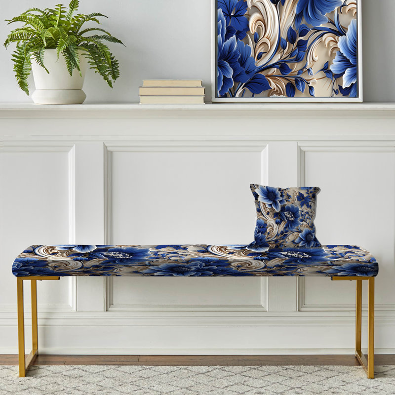 Cobalt Blue And White Victorian Floral Pattern III - Floral Upholstered Gold Bench
