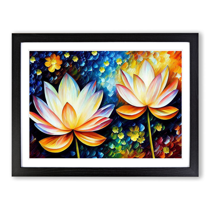 XH1022-6658X Painted Lotus Flowers Abstract - Single Picture Frame Print, 25cm H x 34cm W x 2cm D, Black Framed