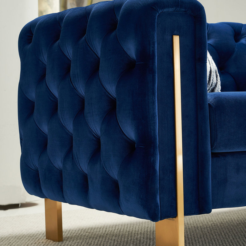 83,36 po de largeur en velours bleu avec pieds en métal doré pour espace de vie moderne 2, l 83,36 po de largeur, Bleu