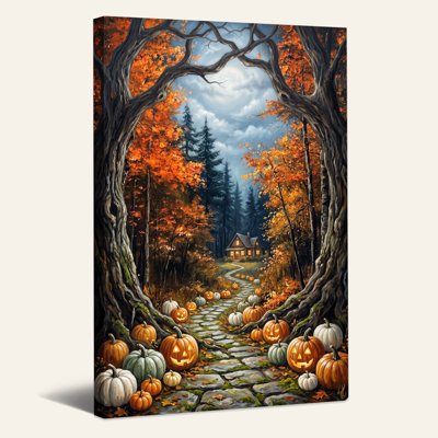 «Autumn Forest Path with Glowing Jack O Lanterns», art mural sur toile