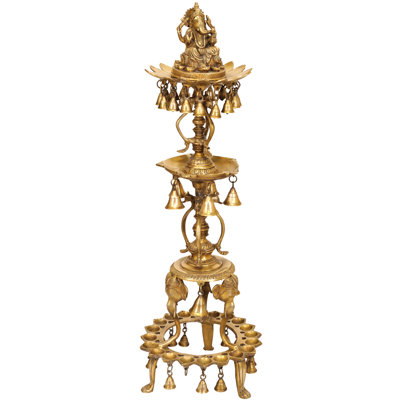 Handmade Brass Ganesha Lamp with Bells – 36 Inch Deepastambham, Tiered Indian Oil Lamp Tower, Polished Brass Ritual Décor for Altar, Temple, Entryway