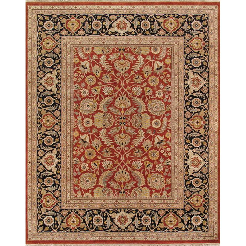 Tapis oriental noir / rouge / jaune en coton / laine 8 pi x 9 pi 11 po Oriental
