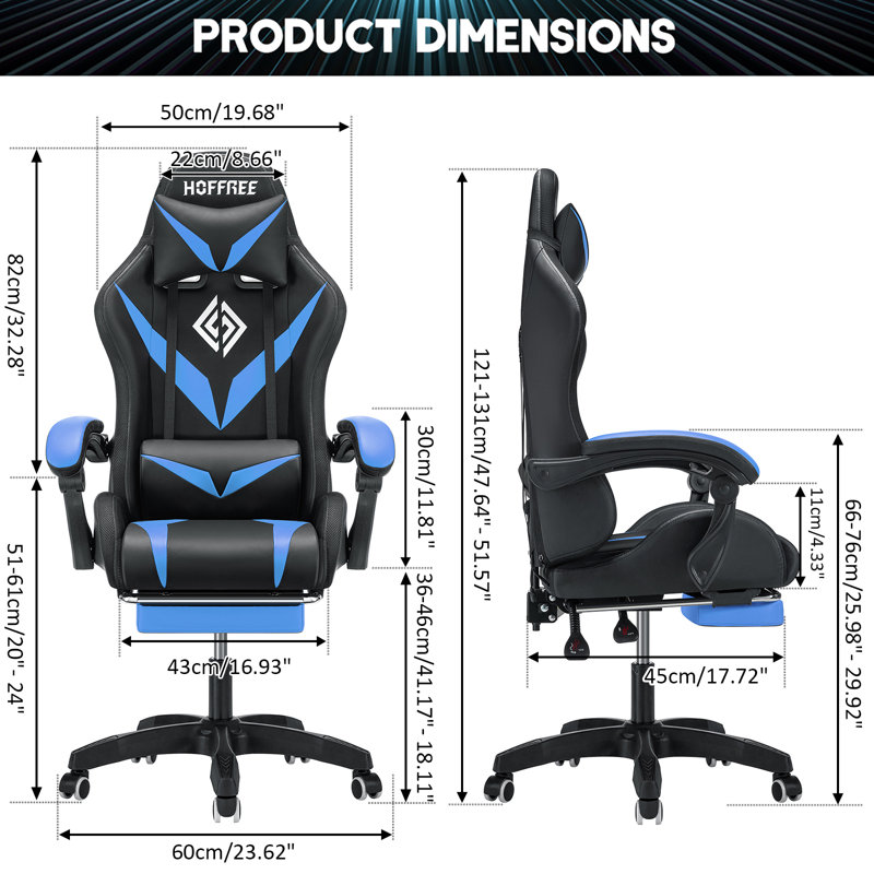 Ergonomic  LED Gaming Chair with Massage Lumbar Pillow, Blue/Black