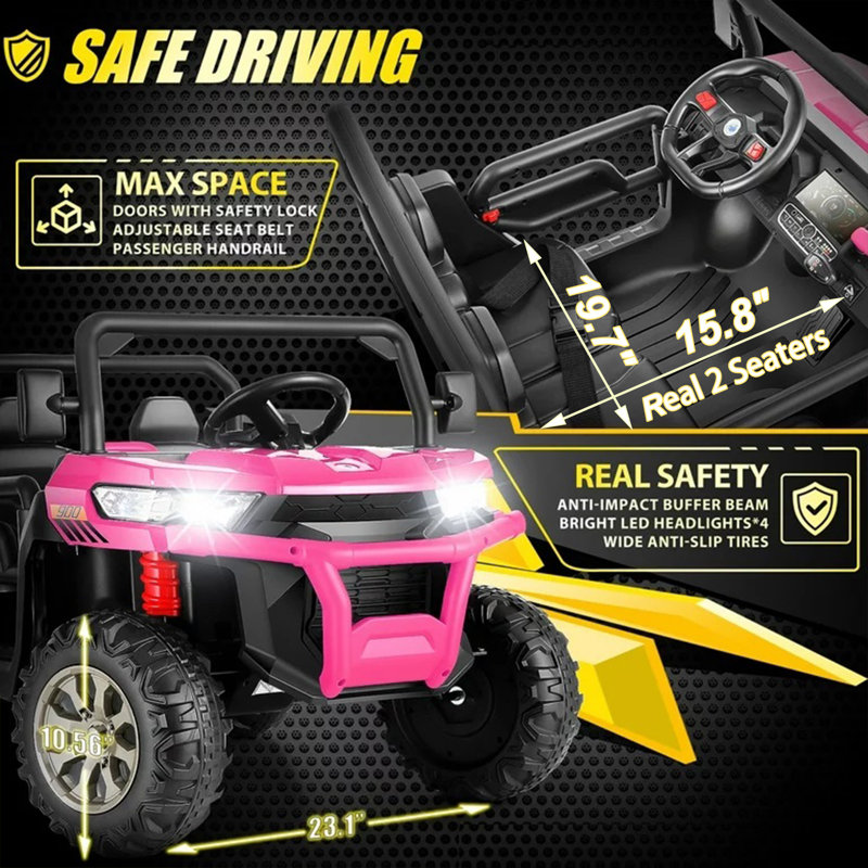 24V 4WD 2 Seater 6-Wheel Ride on Dump Truck W/ Remote Control,Electric Dump Bed&Shovel,Bluetooth, Pink