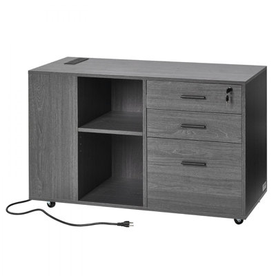 Classeur mobile 3 tiroirs en bois avec multiprise gris