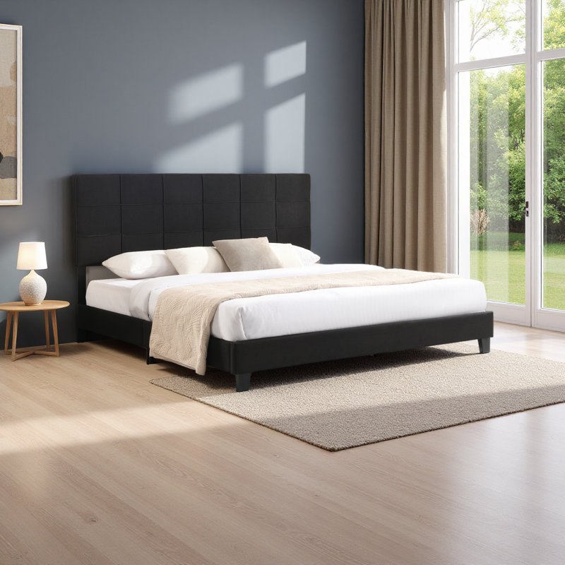 Très grande base de lit tapissier avec tête de lit en tissu de lin, aucun sommier requis, support à lattes de bois, assemblage facile