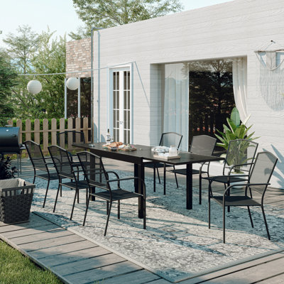 9Pcs Outdoor Dining Set with Extendable Dining Rectangular Table