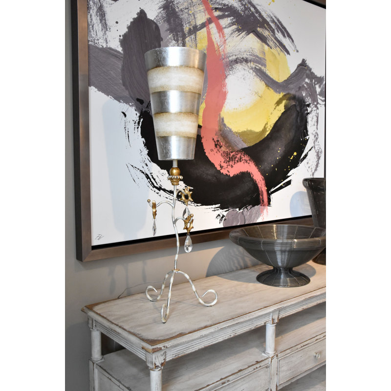 Raffa Tivoli Distressed Buffet Table Lamp Inverted Striped Shade, Silver/White