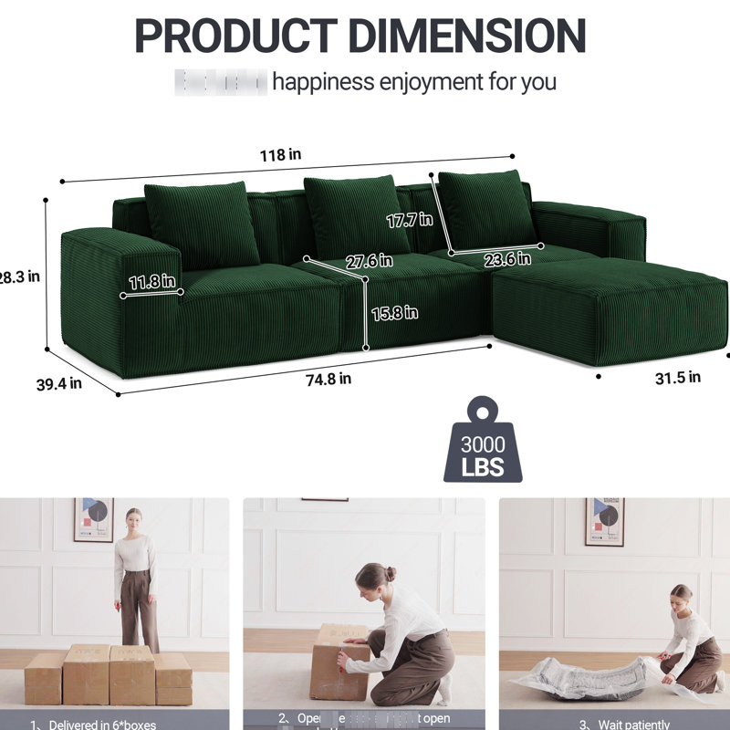 Lit convertible de 118 pouces, mousse souple et ressort, combinaison de trois sièges, multifonctionnel pour espaces de vie restreints