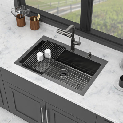 30" Drop-in Gunmetal Black Kitchen Sink with Pull-out Faucet and Soap Dispenser - 30 x 22 x 10 inch Single Bowl 16 Gauge Stainless Steel Topmount Kitc