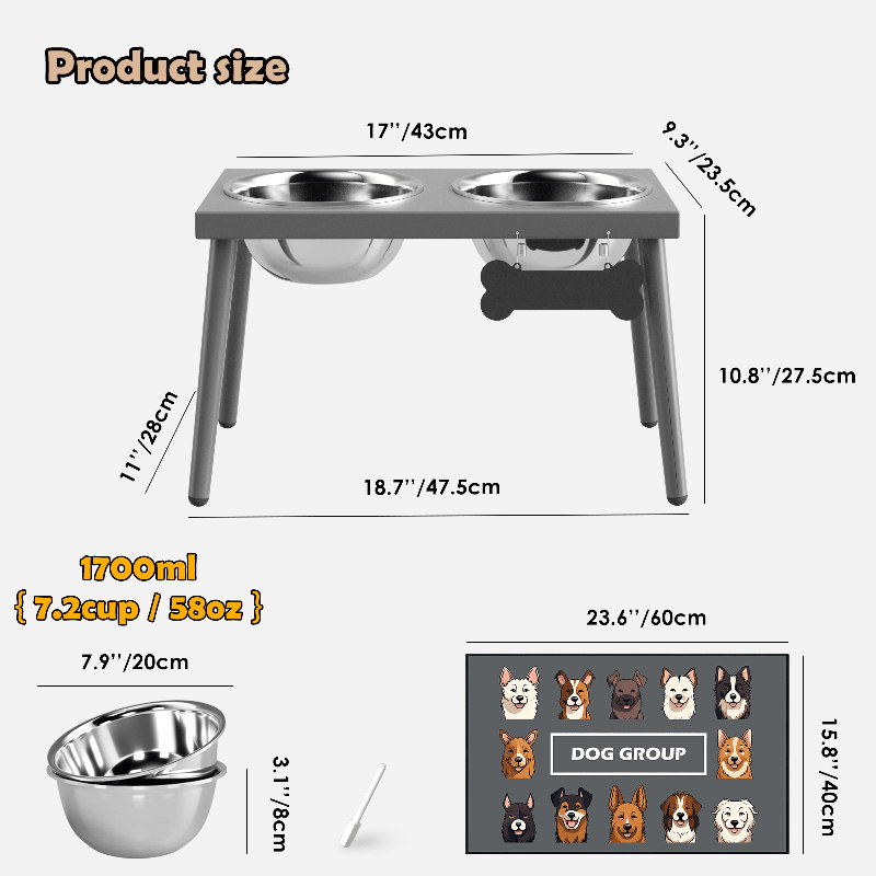 Support à chien surélevé gris pour grands chiens de taille moyenne, mangeoire surélevée de 10 po de hauteur avec tapis anti-dégâts, deux bols de nourriture et d'eau de 58 oz