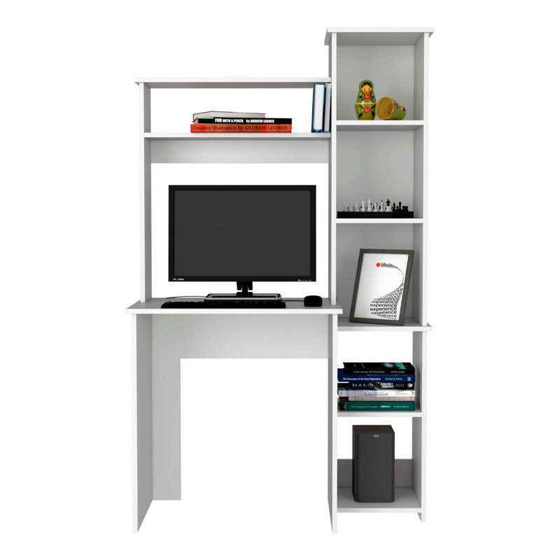 Bureau d'écriture, deux tablettes supérieures, cinq casiers, Blanc