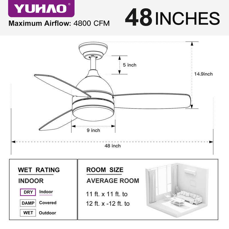 48''-3 Blades Smart Ceiling Fan With LED Light, Remote Control, Works With Alex And Tuya App, Black