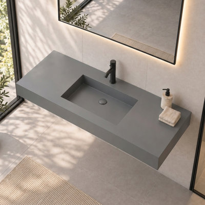 47'' Wall Mounted Bathroom Sink Rectangular Bowl Stone Resin Sink in Matte Grey