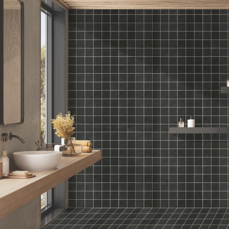 Literary License 3'' W x 3'' L Porcelain Concrete Look Tile Grid Mosaic Sheet, Pewter