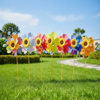 1 Set Outdoor Garden Decor Double Layered Sunflower Windmill Colorful Pearlescent Sunflower Outdoor Courtyard Windmill Rotating Sunflower Wind Spinner Stake Standing Lawn Flower Pinwheel, Windmill Diameter 32Cm, Rod 57Cm, Total Height 72Cm, (7 Color Set)