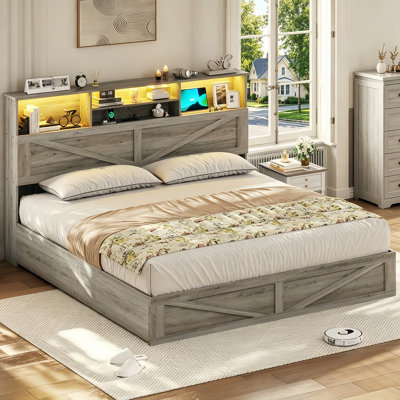Queen Bed Frame with Spacious Storage Headboard and 4 Drawers Farmhouse LED Metal Platform Bed with Charging Station No Boxing Need