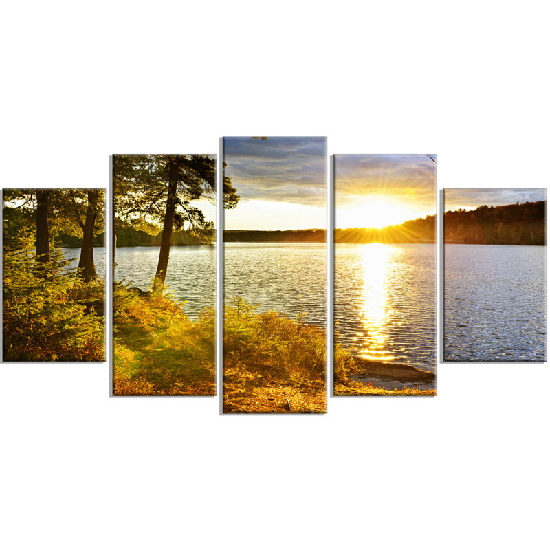 « magnifique view of coucher de soleil over lake », ensemble de 5 reproductions de photos sur toiles tendues