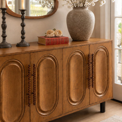59.84" Gold-Toned 4-Door Sideboard Buffet Cabinet - Solid Wood & MDF Arched Door Storage Console Table for Dining Room/Living Room, Antique Gold
