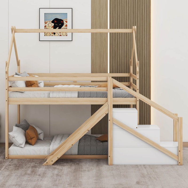 Lit superposé simple au-dessus de simple Ashel Kids, Blanc / Naturel